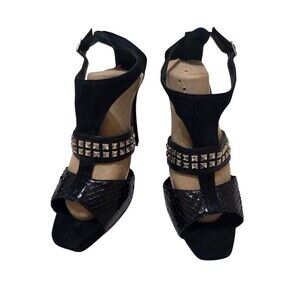 Barbara Bui Snakeskin Suede Studded T Strap Stiletto Pumps Black Silver EU 40